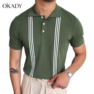 OKADY เสื้อเชิ้ตโปโลลายทางสีเขียวฤดูร้อนผู้ชายปุ่มปกแขนสั้นด้านบนลำลองบางแฟชั่นเสื้อโปโล