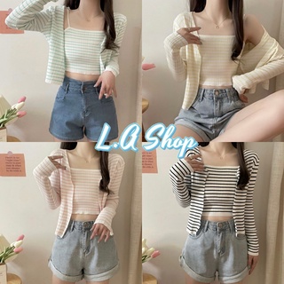 L.A Shop ​พร้อมส่ง เซ็ทเสื้อ สายเดี่ยวไหมพรมลายทาง+เสื้อคลุมไหมพรมแขนยาวลายทางสีพาสเทล "9A86"