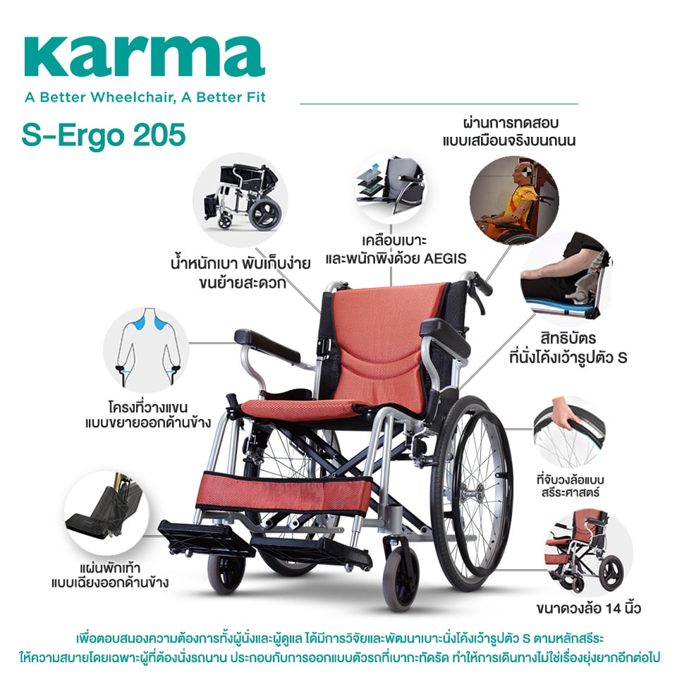 Karma S-Ergo 205รถเข็นผู้สูงอายุ วีลแชร์ผู้ป่วย พร้อมส่ง