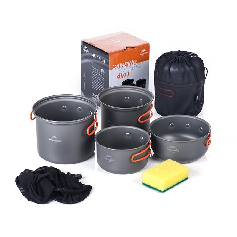 Naturehike Four-in-one Combo ชุดหม้อและช้อนส้อมปิกนิกบาร์บีคิวหม้อตั้งแคมป์กลางแจ้งและเครื่องครัวแบบพกพา 2-3 คน