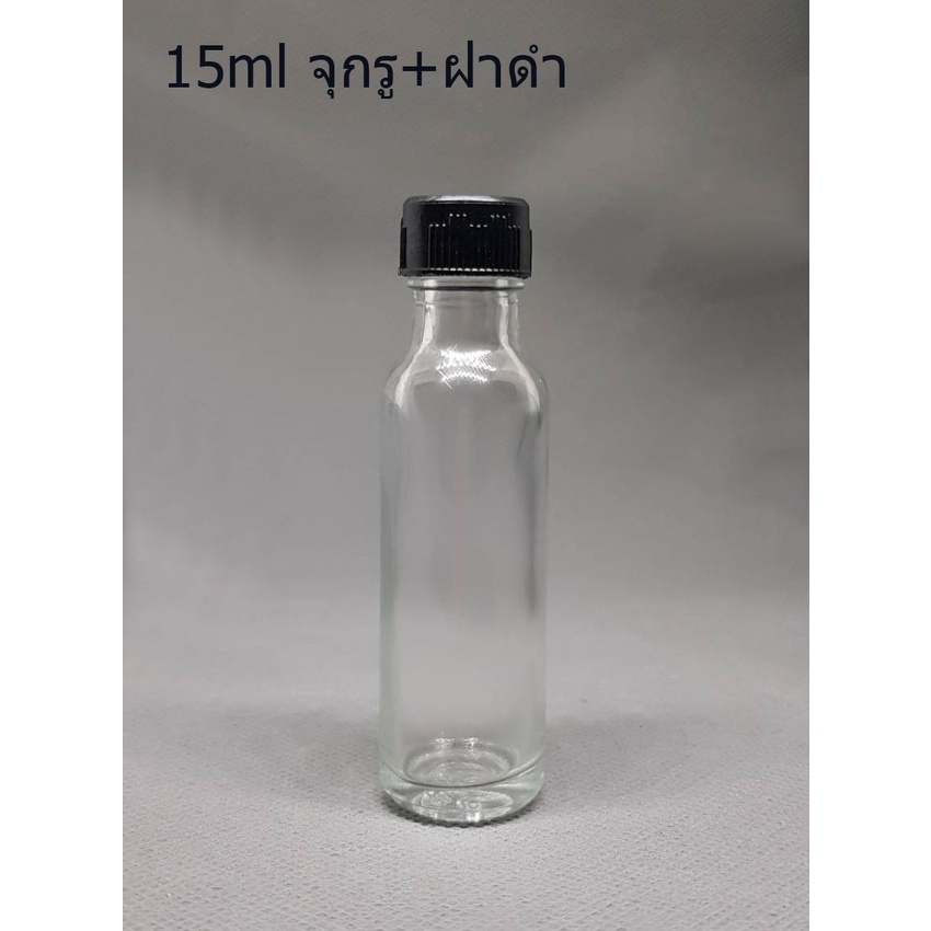 ขวด 15 มล.(100 ใบ) แก้ว กลม ใส + จุก มีรู+ ฝา 14 มม.(GW.=3.500 Kg.)