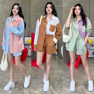 Yunaka ชุดเซ็ต 3 ชิ้น เสื้อเชิ้ตแขนยาว อก 46 ผ้าผูกอกฟรีไซส์ กางเกงขาสั้น เอว 40