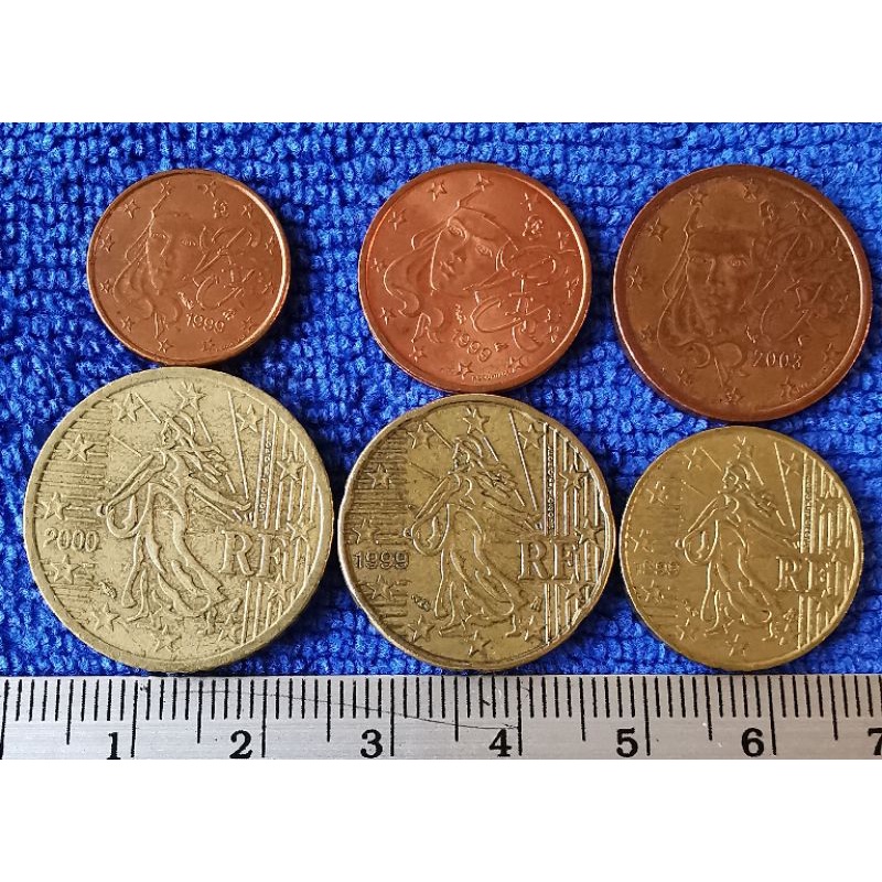 เหรียญ​ ฝรั่งเศส​ France, ชุด​ ยูโร​ Euro, 1,2,5,10,20,50 Cent, ใช้แล้ว, # 309