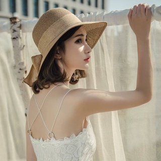 หมวกสานปีกกว้างมีโบว์ไปทะเล หมวกทรงเกาหลี