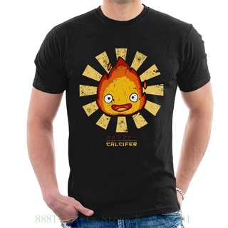 เสื้อยืดแขนสั้นลําลอง คอกลม ผ้าฝ้าย พิมพ์ลาย Calcifer สไตล์ญี่ปุ่น แฟชั่นเรโทร สําหรับผู้ชาย