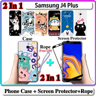 2 IN 1 เคส Samsung J4 Plus เคส พร้อมกระจกนิรภัยโค้ง ป้องกันหน้าจอ เซรามิค แมว และโดราเอมอน