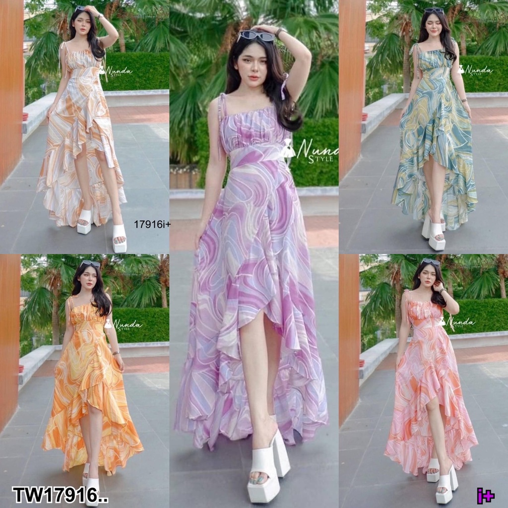 PP17916 เดรสลายพาสเทล สายเดี่ยวผูกไหล แวกหน้า.