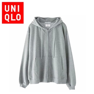 Uniqlo เสื้อกันหนาวมีฮู้ดสีทึบผู้หญิงหลวมกระเป๋าขนาดใหญ่เสื้อสเวตเตอร์คลาสสิกสไตล์อินทั้งหมดแมทช์