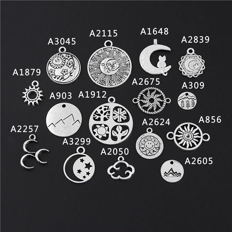 10 ชิ ้ นโบราณ Sliver รอบ Night View Charms Sun Star Moon Cloud ธรรมชาติจี ้ ทํา DIY อุปกรณ ์ เสริม Handmade หัตถกรรม