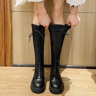 Womens Knee-High Boots Autumn Winter Ladies Lace Up Riding &amp; Equestrian Height Increasing shoes