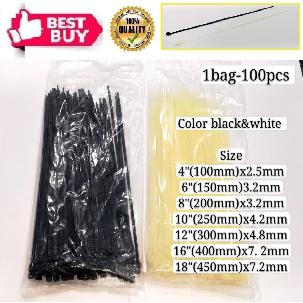 Cable Tie (Nylon66) (แพ็คละ 100 ชิ้น) (ดํา/ขาว) (4"-18")