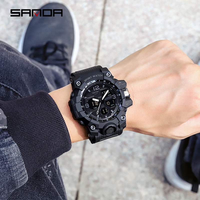 นาฬิกาข้อมือผู้ชายกันน้ำ SANDA นาฬิกาสปอร์ตแฟชั่นส่องสว่างสุดหรู LED Outdoor Analog Military Multi-function Men Watch