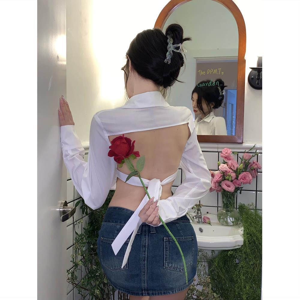 Toshow Pure Desire เสื้อ Design Sense สีขาวสั้น Hot Girl Backless Slim เซ็กซี่เสื้อแขนยาวผู้หญิง Top