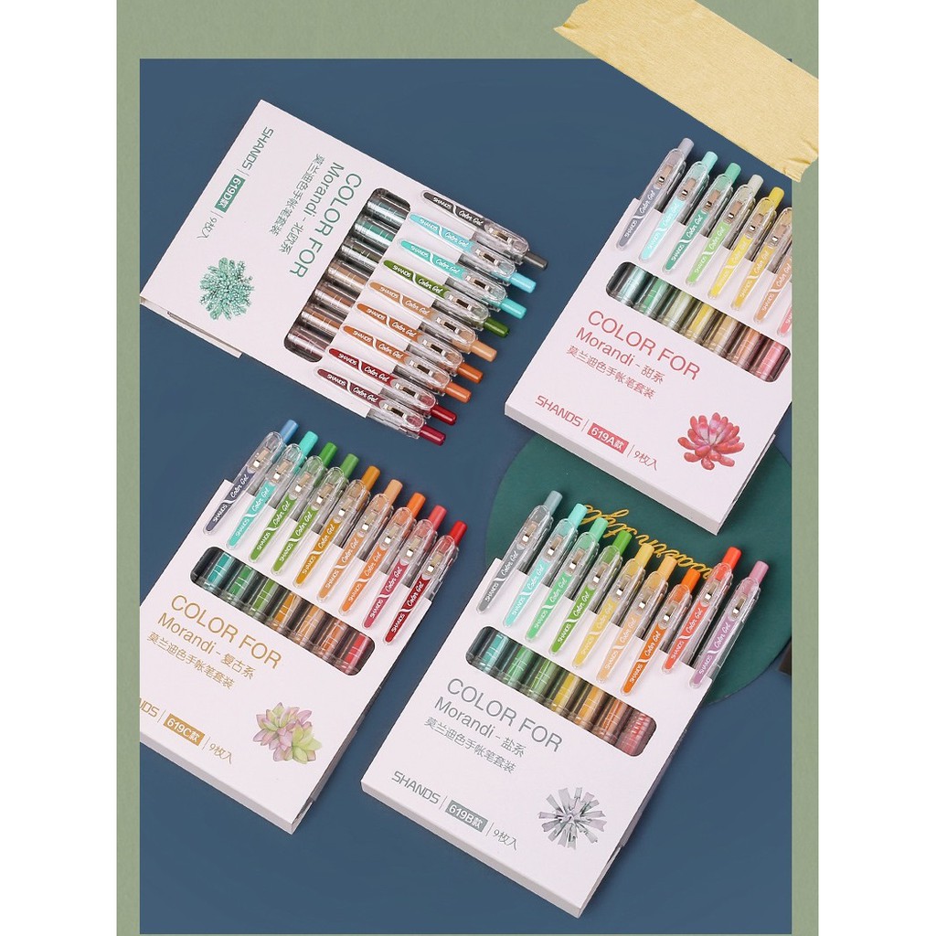 Penlab 9pcs Morandi ปากกาเจลสีชุด 0.5 มม.Roller Ball Retro Sweet Nordic Marker Liner สําหรับการวาดภา
