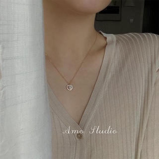 Ocean Heart 925 สร้อยคอเงินหญิง Clavicle CHAIN ​​รูปหัวใจสีขาว Fritillary INS ลมเย็น Fine แฟน Duo