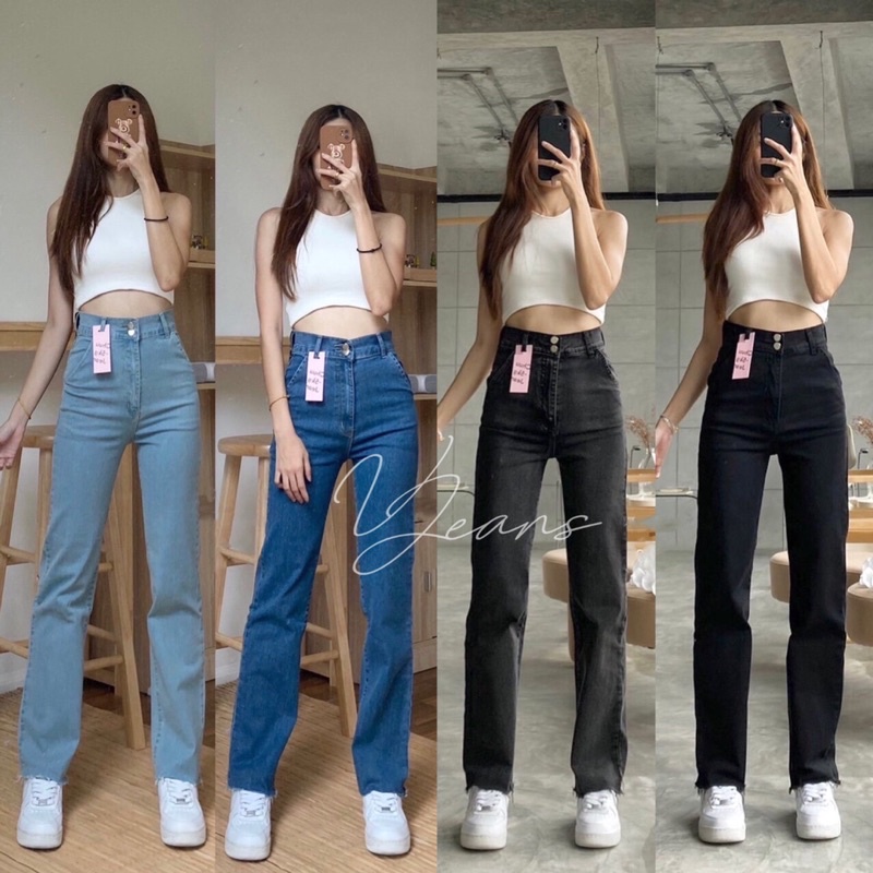 V-JEANS ป้าย CHU พร้อมส่ง ขากระบอก กางเกงยีนส์ขายาว กางเกงยีนส์เอวสูง ใส่เเล้วดูสูง เก็บพุง ผ้ายืด