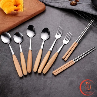 ชุด มีด ช้อน ส้อม ตะเกียบ วัสดุสแตนเลสและไม้ ช้อนส้อมด้ามไม้ Stainless steel cutlery