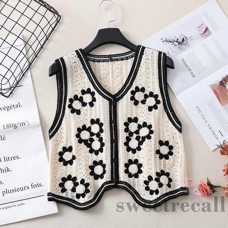 SWT-Women’s Crochet Knit Tank Tops, Vintage Sleeveless V Neck Loose Floral Sweater Vest #5