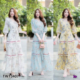 &lt;TW13407&gt;MaxiDress แม็กซี่เดรสแขนตุ๊กตา ผ้าชีฟอง ผูกโบเอว +โบว์ผูกผม งานเรียบๆ แต่งสวยสุดๆ