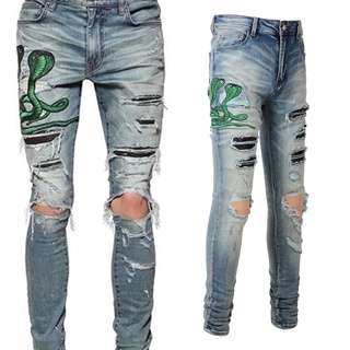 32 พร้อมส่ง AMIRI three-headed snake embroidered hole and leather do the old washed stretch slim light color jeans