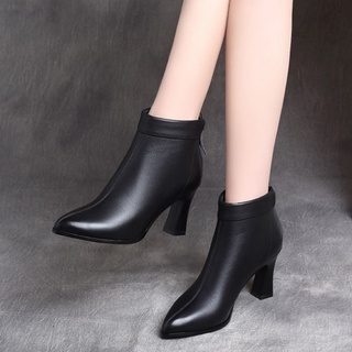 Martin BOOTS Women s High-Heled Ankle BOOTS Women s Thick-Heled BOOTS Women s Leather Pointed Toe Short Tube 2021 ใหม่ฤด