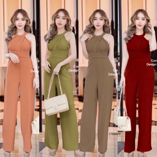 CL17686📌จั้มสูทขายาวอกจีบ แต่งคาดเอวไขว้ #jumpsuit