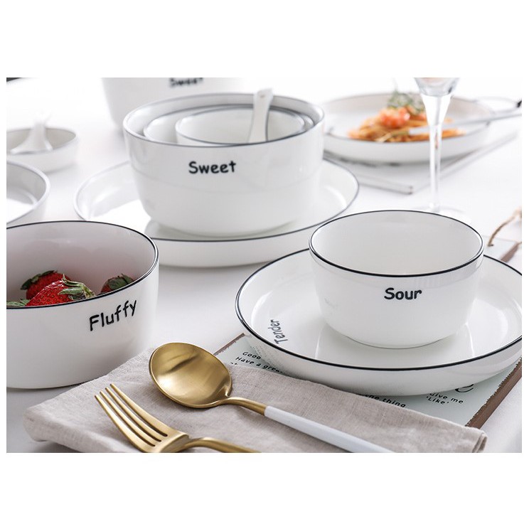 *สินค้าพร้อมส่ง* ชุดจาน+ถ้วยเซรามิค 1 set of 1 ceramic plate, 3 cups / 4 pcs (สีขาว)(Sour, Fluffy, S