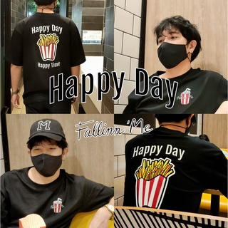 FallinnMe เสื้อยืดแขนสั้น Happy  Day ขาว ดำ