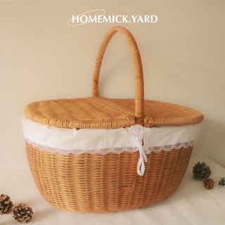 homemick.yard🤎 ตะกร้าหวายปิคนิค พร้อมขอบผ้า เพิ่มความเก๋ เปิดได้สองด้าน คุ้มราคา สายถ่ายรูป สายคาเฟ่ สายชายหาด ต้องโดน