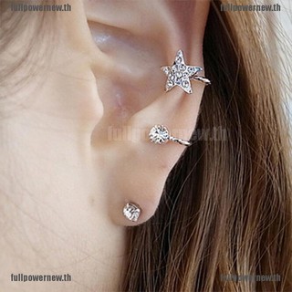 【fullpower】Women Fashion Sparkling Crystal Pentagram Ear Clip Trendy Ear Cuffs Stud Earings