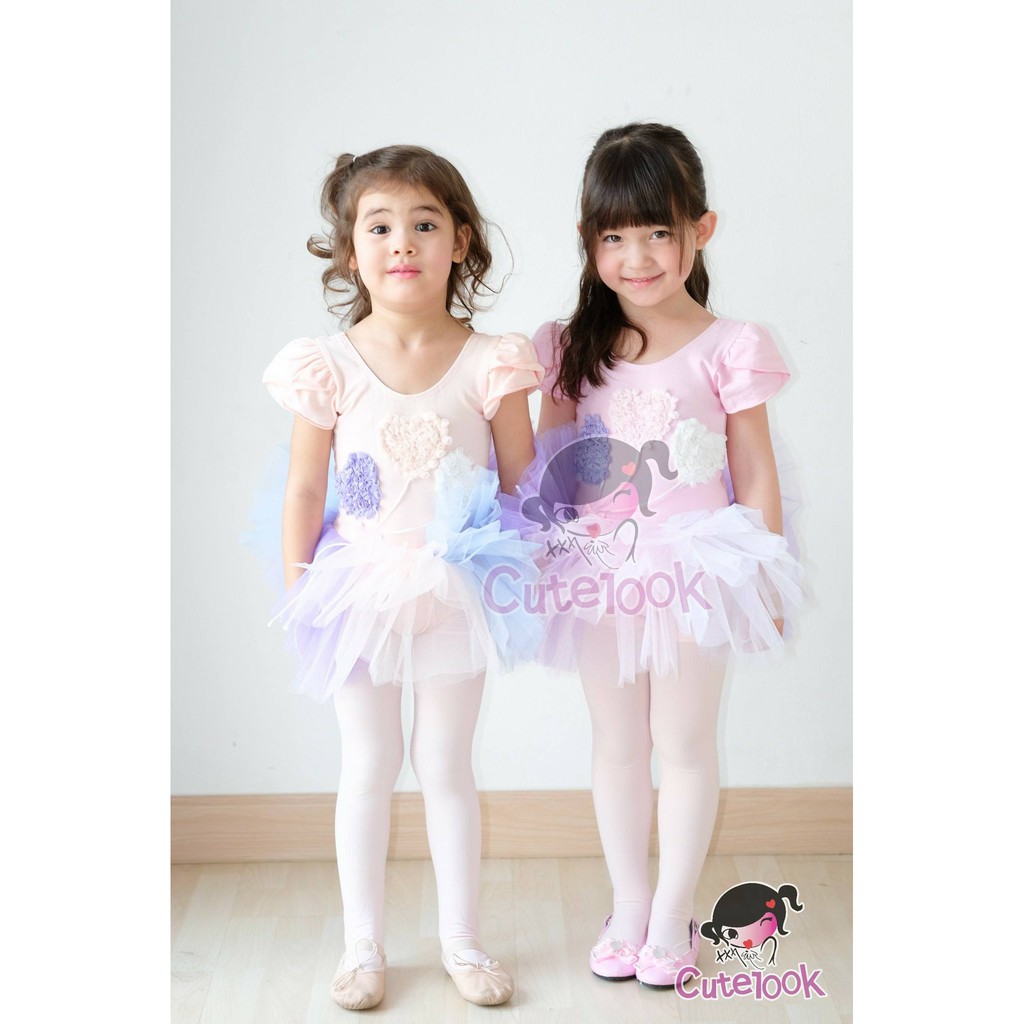 CUTELOOK (ส่งจากไทย เร็ว1-2วัน) ชุดบัลเลต์เด็ก ปักดอกไม้ลายหัวใจ สีครีม สีชมพู ไซส์90-140