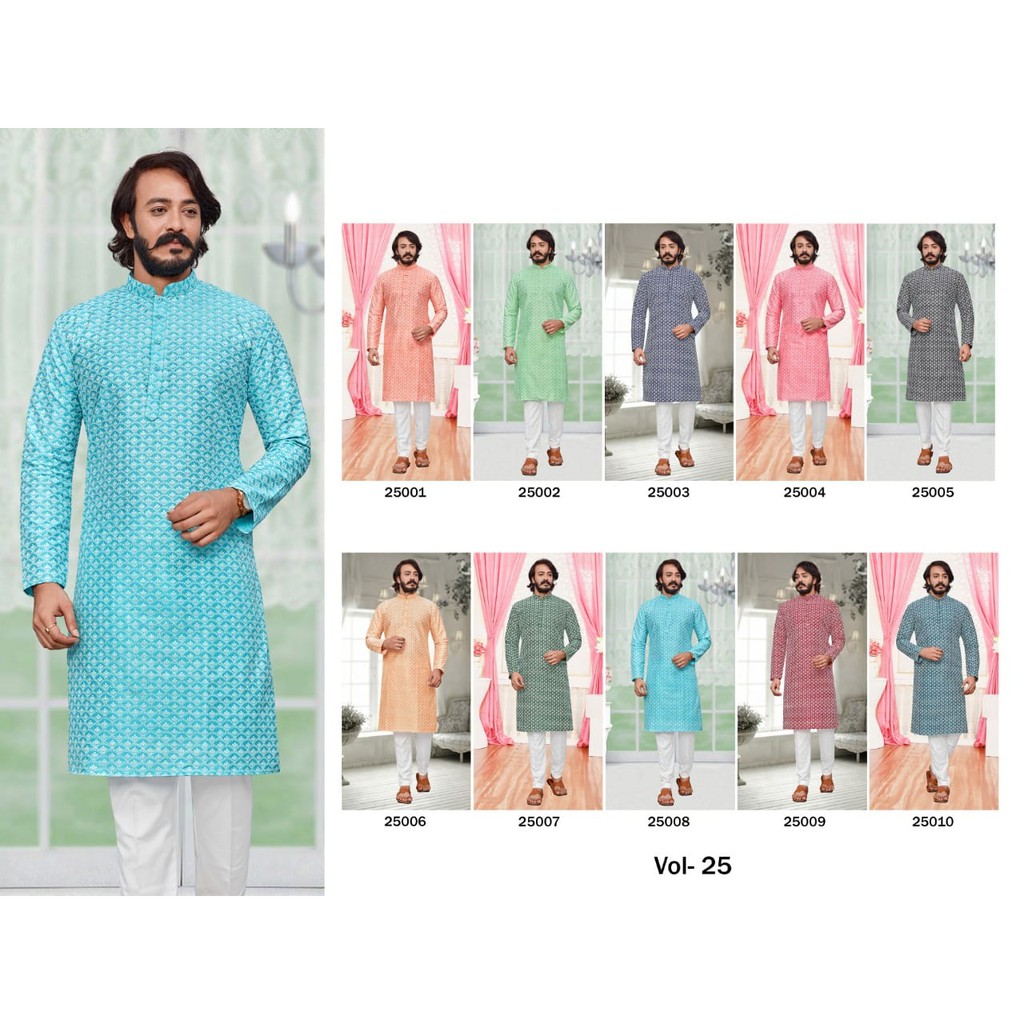 ชุดอินเดีย ผู้ชาย เสื้อยาว กางเกง Kurta Fabric :-  Silk ▪Pajama Fabric :- Cotton ▪Work :- Lucknowi Work KurtaSize :- Siz