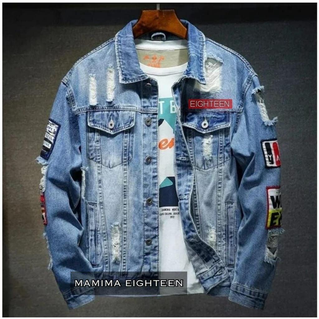 เสื้อแจ็คเก็ตยีนส์ผู้ชายรุ่นร่วมสมัย DENIM EMBLEM LOGO เย็บปักถักร้อย Ripped CASUAL Top UNISEX TERLRIS