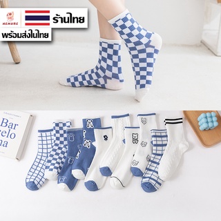  (W-133) ถุงเท้าข้อกลางโทนสีฟ้า ลายหมีน้อยน่ารักแฟชั่นเกาหลี ถุงเท้าแฟชั่น ถุงเท้า