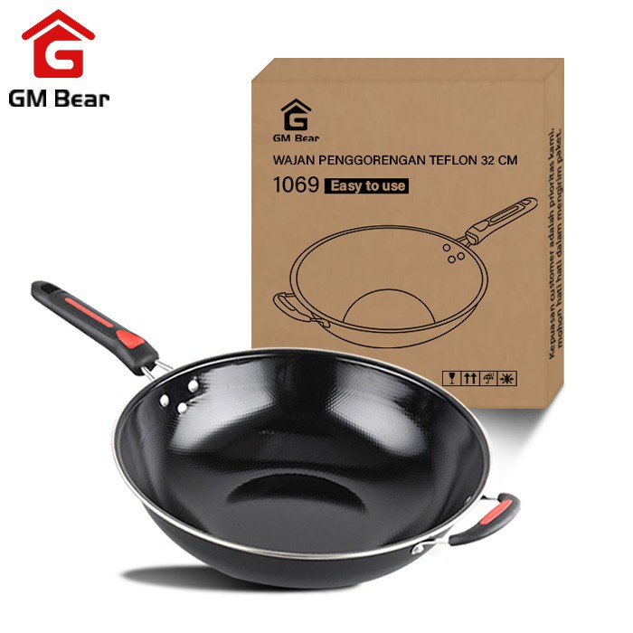 GM Bear Wajan Kuali 32cm 1069-Wajan Penggorengan Teflon Wok 32cm