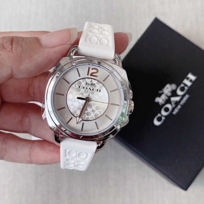 นาฬิกา Coach Boyfriend Women Watch Stainless Steel Silver Ion Plated Case Silicon Strap Quartz 14503