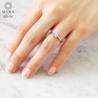 💍✨WR-04 แหวนเพชร CZ ขนาด 0.8 ct.(6 mm) แหวนเงินแท้ แหวนเพชรเม็ดเดี่ยว แหวนเพชรสวิส เทียบเพชรแท้ By Mora Jewelry Diamond