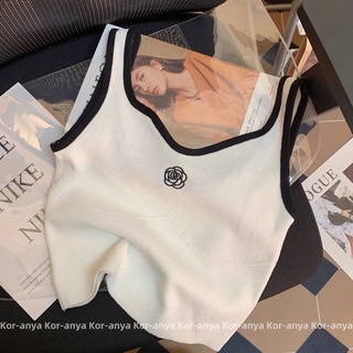 เสื้อสายเดี่ยวครอป เสื้อกล้าม สีขาว ดอกไม้chanel