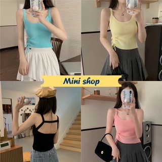 Mini shop🌸พร้อมส่ง🌸 (47140) เสื้อสายเดี่ยวไหมพรมสีพื้นน่ารัก สายรูดข้างได้สวยๆ