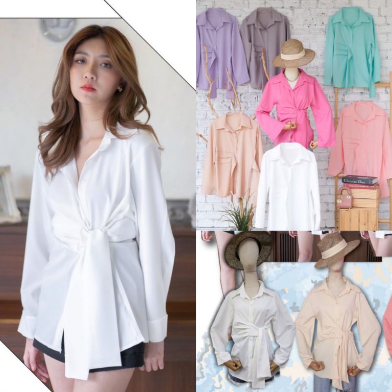 เสื้อเชิ้ตคอปกดีเทลผูกข้าง เรียบหรูดูเเพง ทรง oversize พร้อมส่ง