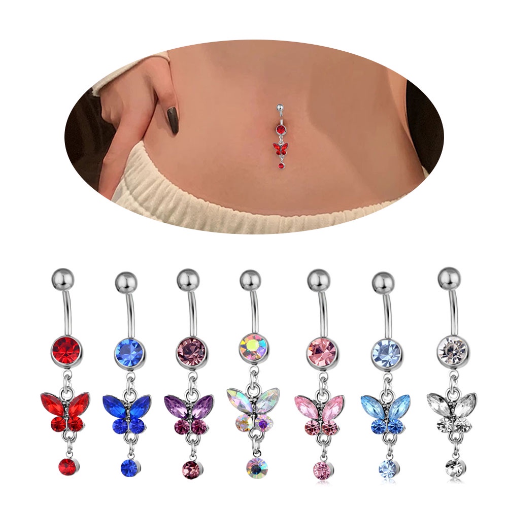[การจัดส่งสินค้าในคลังสินค้าท้องถิ่น]เครื่องประดับร่างกาย จิวสะดือหน้าท้อง รูปผีเสื้อ ประดับคริสตัล หลากสี 1 ชิ้น