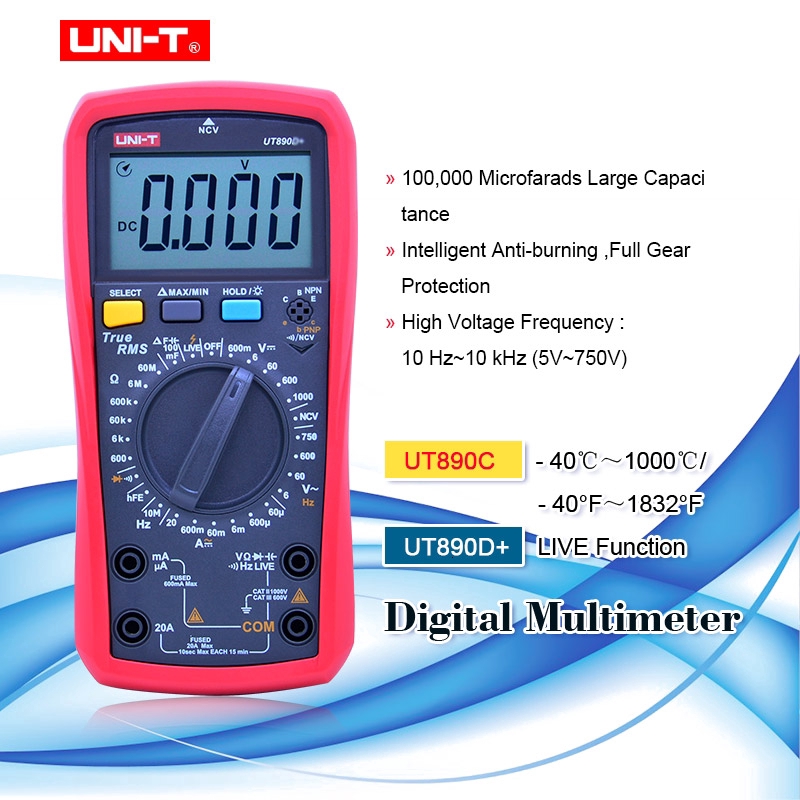 มัลติมิเตอร์ดิจิทัล RMS UT890C UT890D+ AC DC ทดสอบอุณหภูมิ ความจุ ความถี่ ไฟแบ็คไลท์ LCD