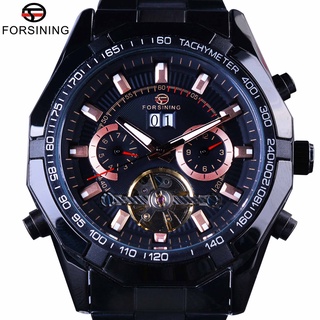 Forsining 2017 Sport Racing Design Black Stainless Steel Watch Men Luxury Brand Automatic Tourbillion Calendar Male Wris