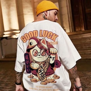 【Hot】[M-3XL] 2022 ฤดูร้อน Lucky Cat เสื้อยืดผู้ชายแขนสั้น Tide แบรนด์ INS แนวโน้มญี่ปุ่นพิมพ์หลวมป่าคนรักความเห็นอกเห็นใ