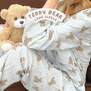 — Teddy Bear Pajamas in Baby blue🧸🧺✨ชุดนอนแขนยาวขายาว ชุดนอนลายหมี