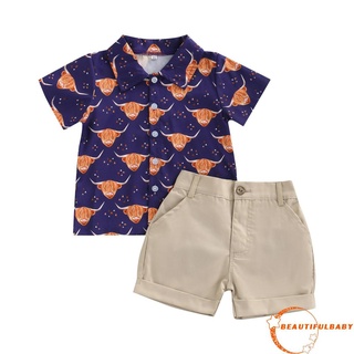 Beauty-Kids Boys Shorts Set, Short Sleeve Cow/Cow Head Print Shirt with Shorts Summer Outfit