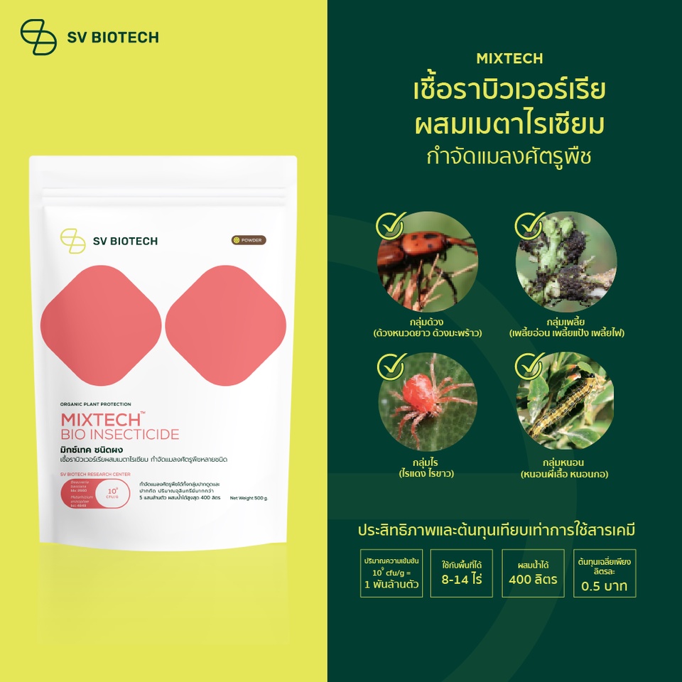 มิกซ์เทคMIXTECH จุลินทรีย์เชื้อราเมทาไรเซียมผสมบิวเวอร์เรีย ใช้ป้องกันกำจัดแมลงและหนอนได้หลายชนิด ขน