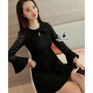  Fashionable ribbon lace trumpet long sleeve feminine dress