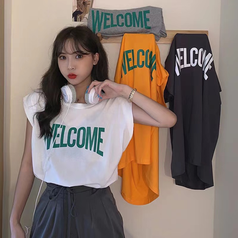 พร้อมส่ง เวอร์ชั่นเกาหลี เสื้อแขนกุด เสื้อผ้าแฟชั่น น่ารักมาก สกรีนลาย เนื้อผ้าดี สวมสบาย-216
