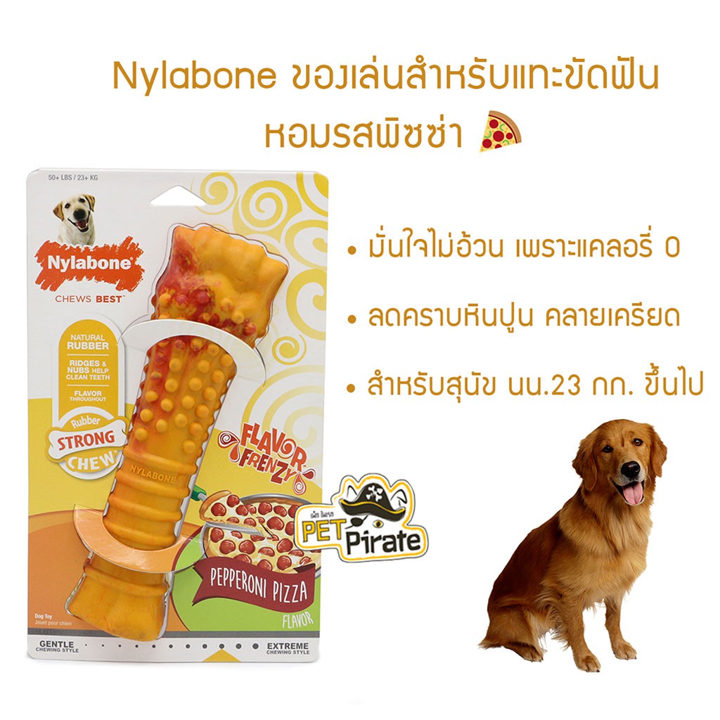 Nylabone ของเล่นสำหรับแทะขัดฟัน หอมรสพิซซ่า ทำจากยางธรรมชาติ สำหรับสุนัขแทะรุนแรงปานกลาง ลดคราบหินปูน คลายเครียด